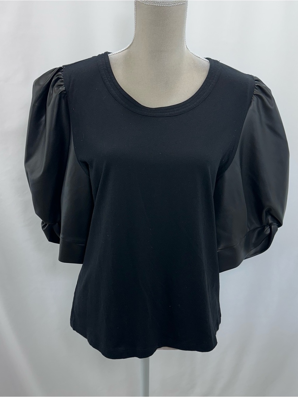 DKNY Black Puff Sleeve Crewneck Top with Faux-Leather Sleeves